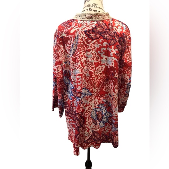 Charter Club Woman Weekends 2X Red and Blue Floral Tunic with Gold Embroidery - Picture 2 of 5